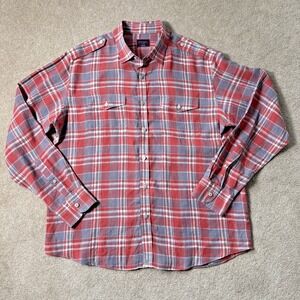 UNTUCKit 100% Linen Long‎ Sleeve Plaid Epaulets Shirt Mens XL Red Blue